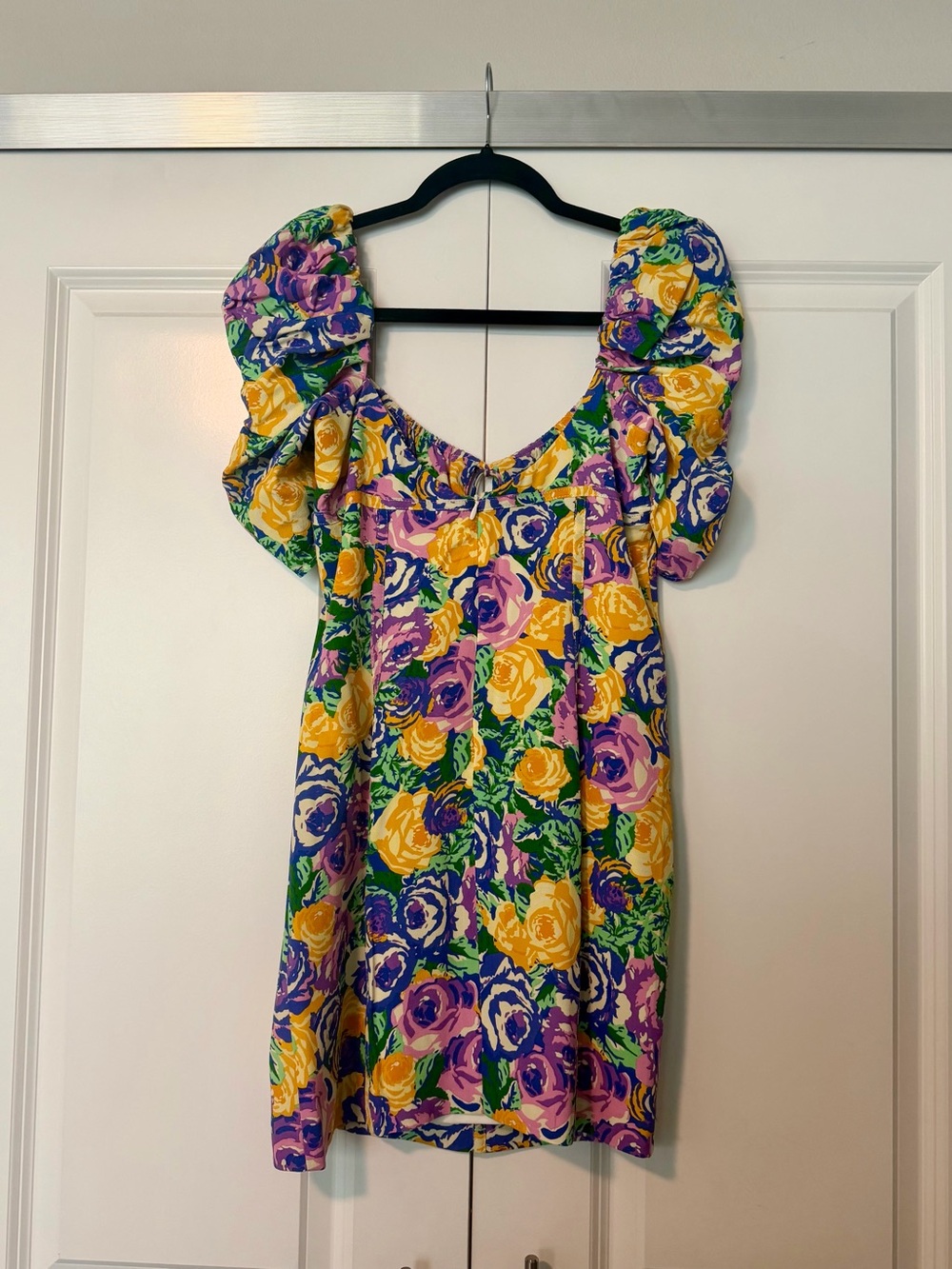 Zara Floral Puff-Sleeve Mini Dress in Yellow, Purple, Green & Pink